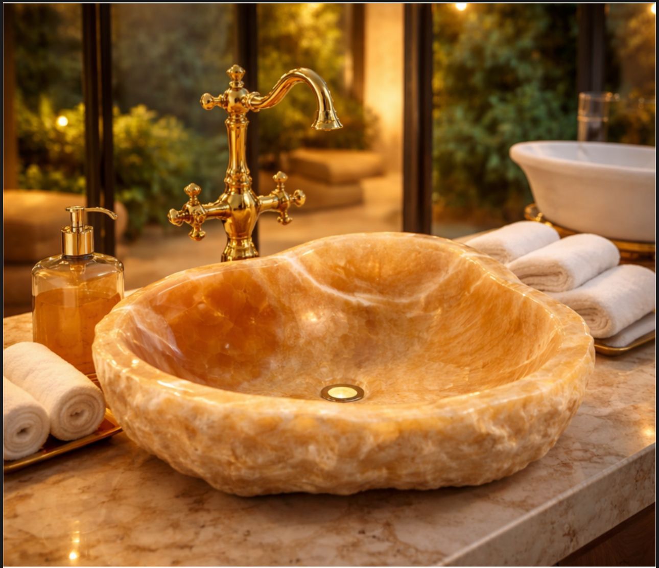 Hand-carved amber onyx vessel sink with translucent honey tones from Minas Gerais, Brazil