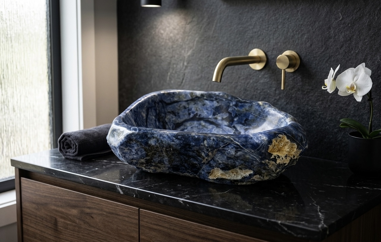 Blue sodalite vessel sink with white calcite veining from southern Bahia, Brazil