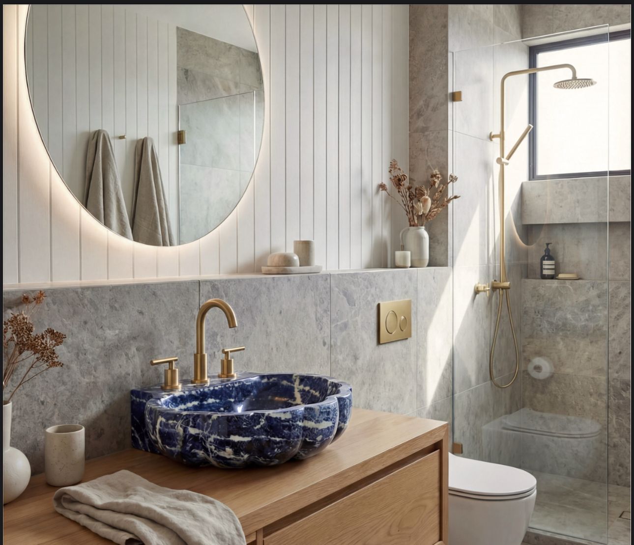 Royal sodalite blue stone vessel sink with white veins in modern bathroom