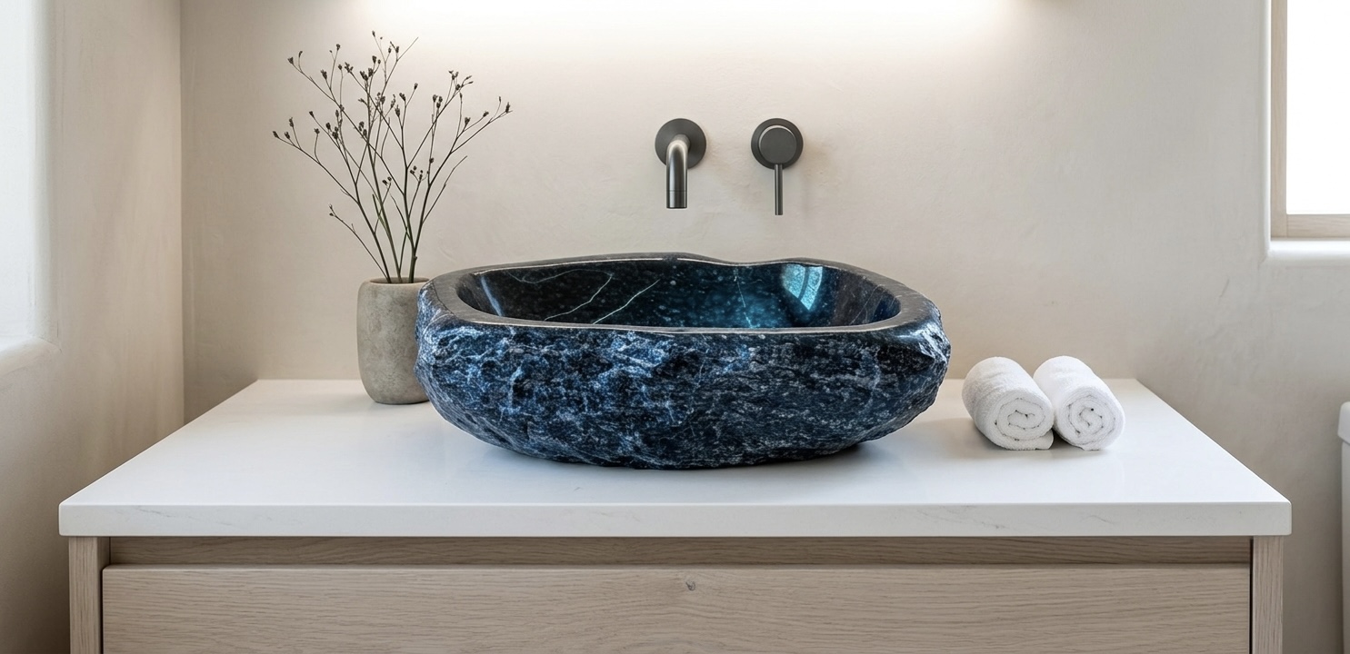Deep cobalt Azul Bahia sodalite vessel sink from Itaju do Colônia, Bahia, Brazil