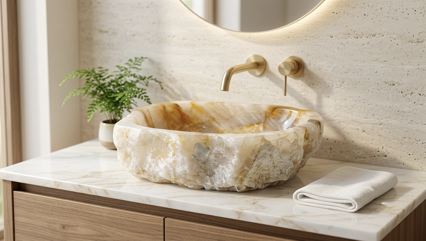 Translucent hematoid crystal vessel sink with golden inclusions from Minas Gerais, Brazil